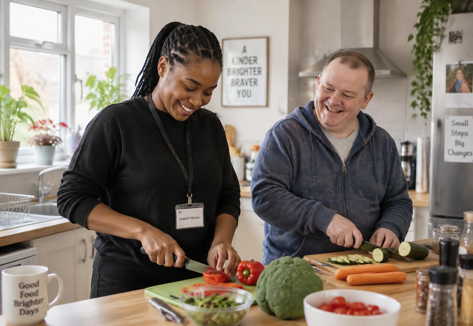 A support worker and a man cooking together